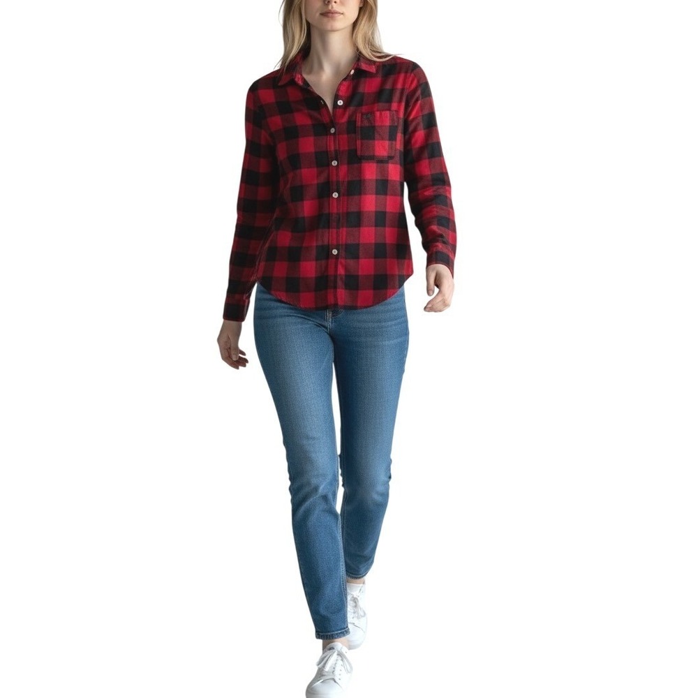 Hollister Womens XS Sleep Shirt Flannel Buffalo Plaid Logo-Holiday Comfortcore